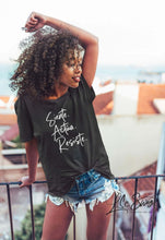 Load image into Gallery viewer, LSC Swag Female Model wearing Siente Actúa Resiste recycled t-shirt in Black