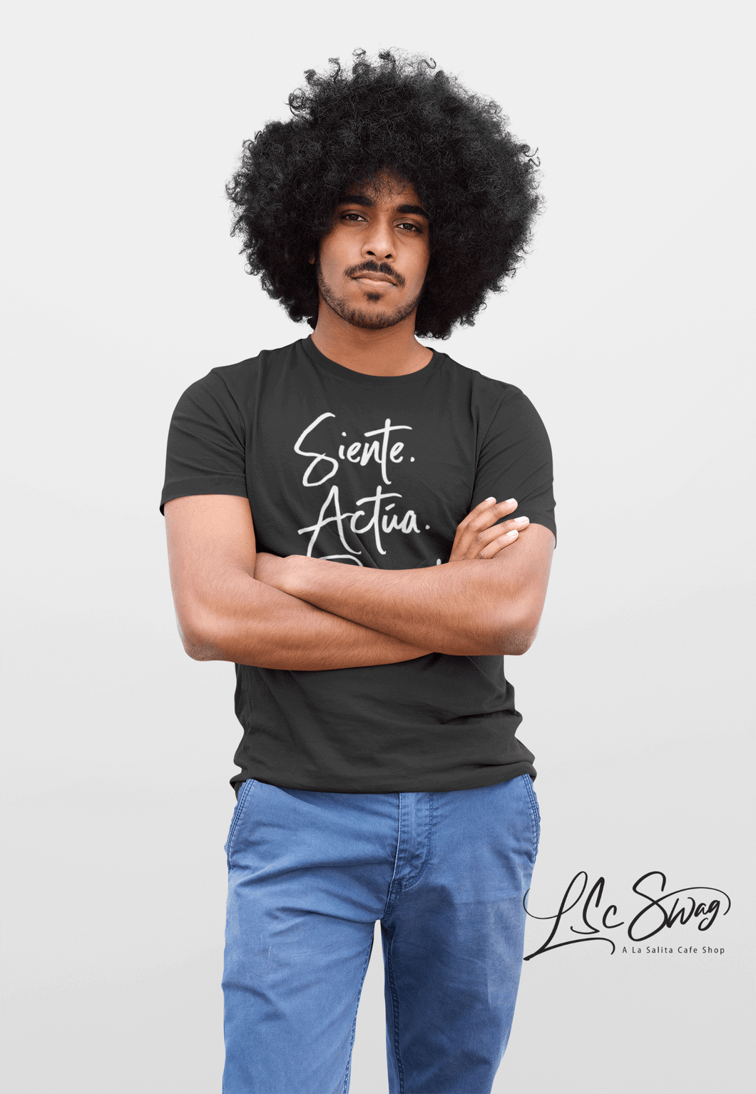 LSC Swag Model wearing Siente Actúa Resiste recycled t-shirt in Black